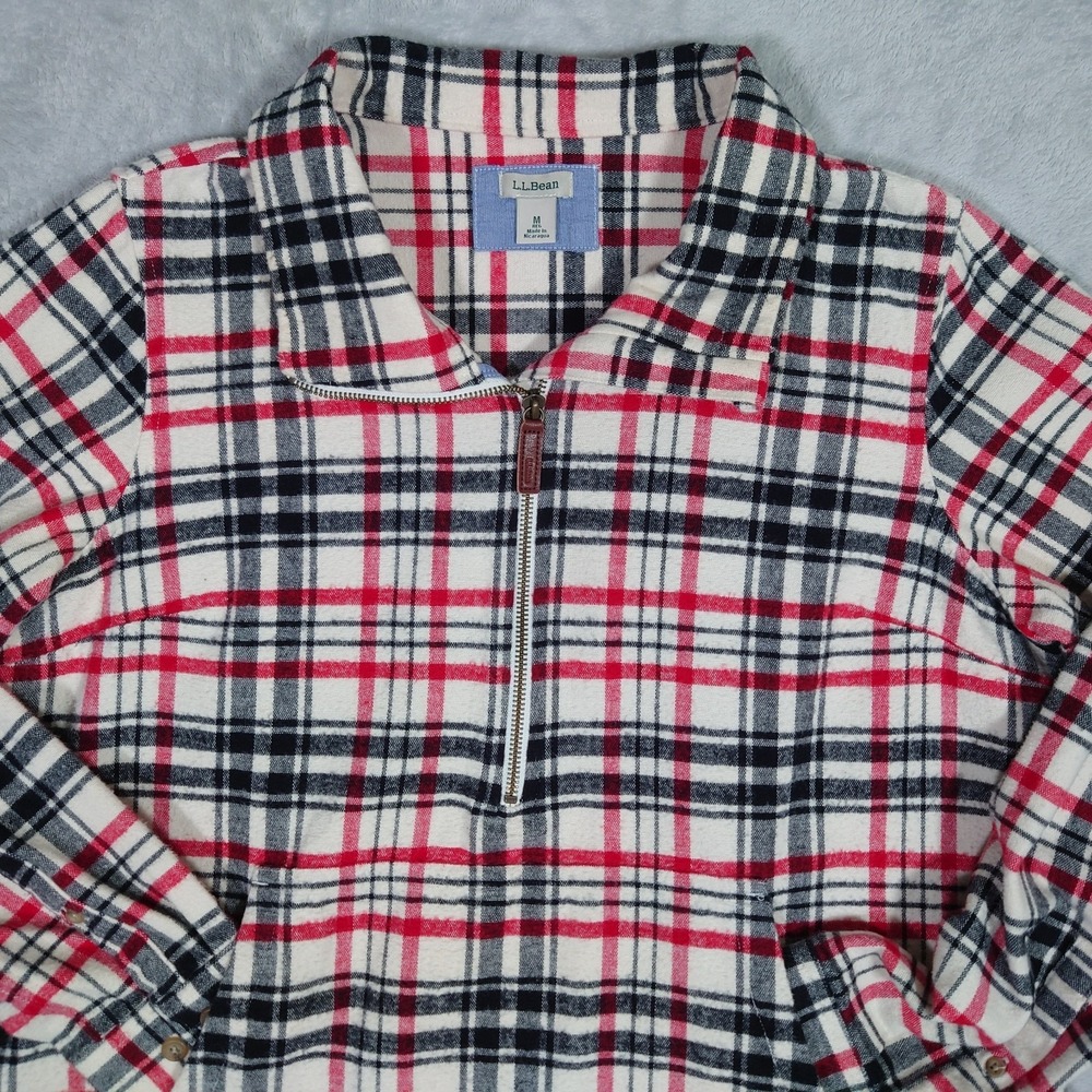 L.L. Bean Womens M 1/4 Zip Chamois Flannel Pullover Plaid Pockets 508966
